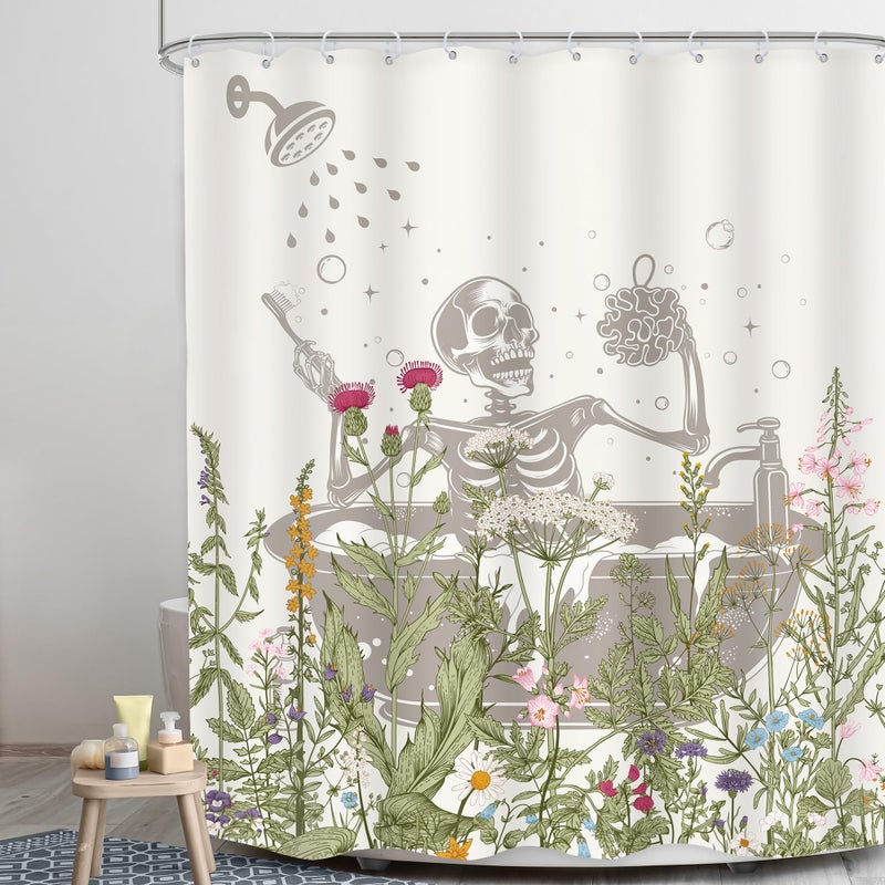 LGhtyro Funny Skull Halloween Wildflower Shower Curtain Bathroom Set 60Wx71H Inches Gothic Skeleton Floral Rustic Leaves in Bathtub Bath Accessories Spooky Cool Art Home Decor Fabric 12 Pack Hooks - Image 2