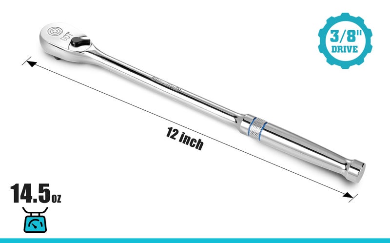 DURATECH Extra Long Handle 3/8-Inch Drive Ratchet, 90-Tooth Ratchet Wrench with 12" Handle and Dust Proof Teardrop Enclosed Head, Reversible, CR-V Steel Made, CR-MO Head, Full Polished, Gifts for Men - Image 2