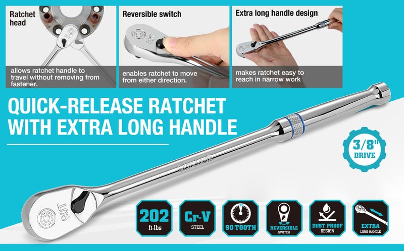DURATECH Extra Long Handle 3/8-Inch Drive Ratchet, 90-Tooth Ratchet Wrench with 12" Handle and Dust Proof Teardrop Enclosed Head, Reversible, CR-V Steel Made, CR-MO Head, Full Polished, Gifts for Men - Image 3