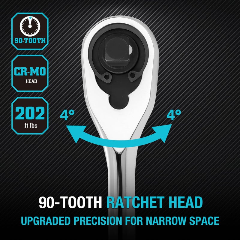 DURATECH Extra Long Handle 3/8-Inch Drive Ratchet, 90-Tooth Ratchet Wrench with 12" Handle and Dust Proof Teardrop Enclosed Head, Reversible, CR-V Steel Made, CR-MO Head, Full Polished, Gifts for Men - Image 5