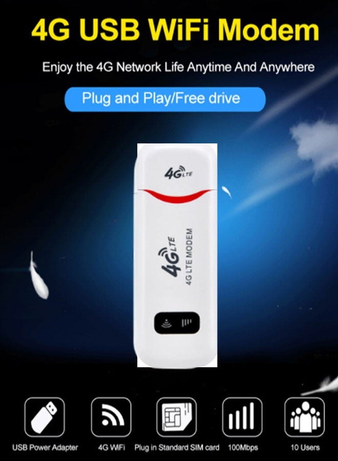 دن محول شبكة USB 4G LTE / جهاز نقطة اتصال Wi-Fi محمول بحجم الجيب / مناسب للسفر / التوصيل والتشغيل (أبيض) - Image 3