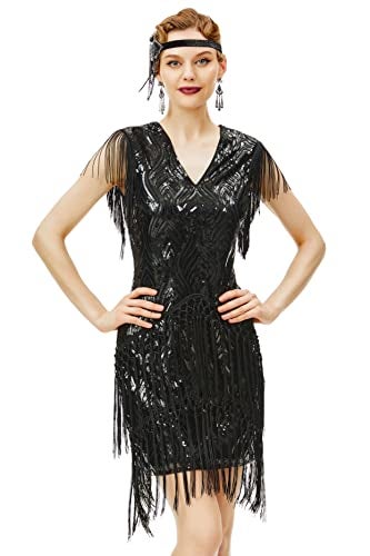 BABEYOND 1920s Flapper Dress Long Fringed Gatsby Dress Roaring 20s Sequins Beaded Dress Vintage Art Deco Dress Black - Image 4