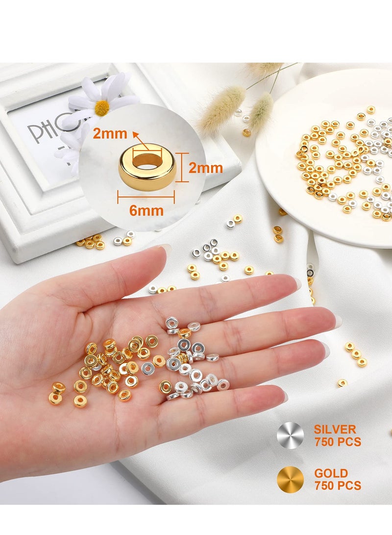 KASTWAVE 1500 Pieces 6mm Flat Round Spacer Beads, Smooth Round Bead Making Beads Jewelry Making Craft Supplies for DIY Bracelets Necklaces Earrings Etc. (gold, Silver) - Image 2