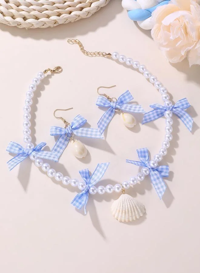 Take Two Girls Checked Bow and Heart Charms Pearl Necklace and Earrings Set