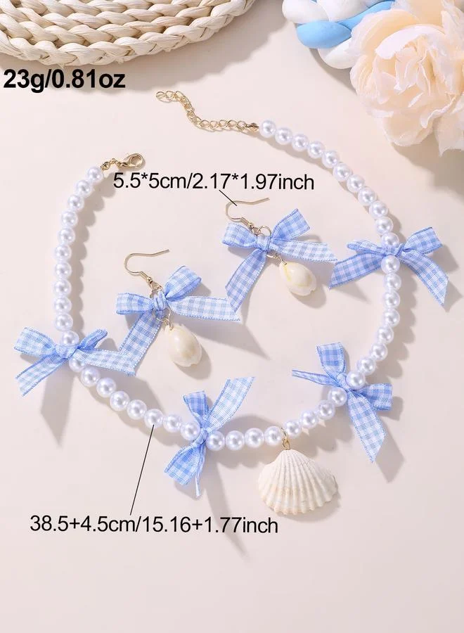 Take Two  Girls Checked Bow and Heart Charms Pearl Necklace and Earrings Set for Women | Best Price UAE