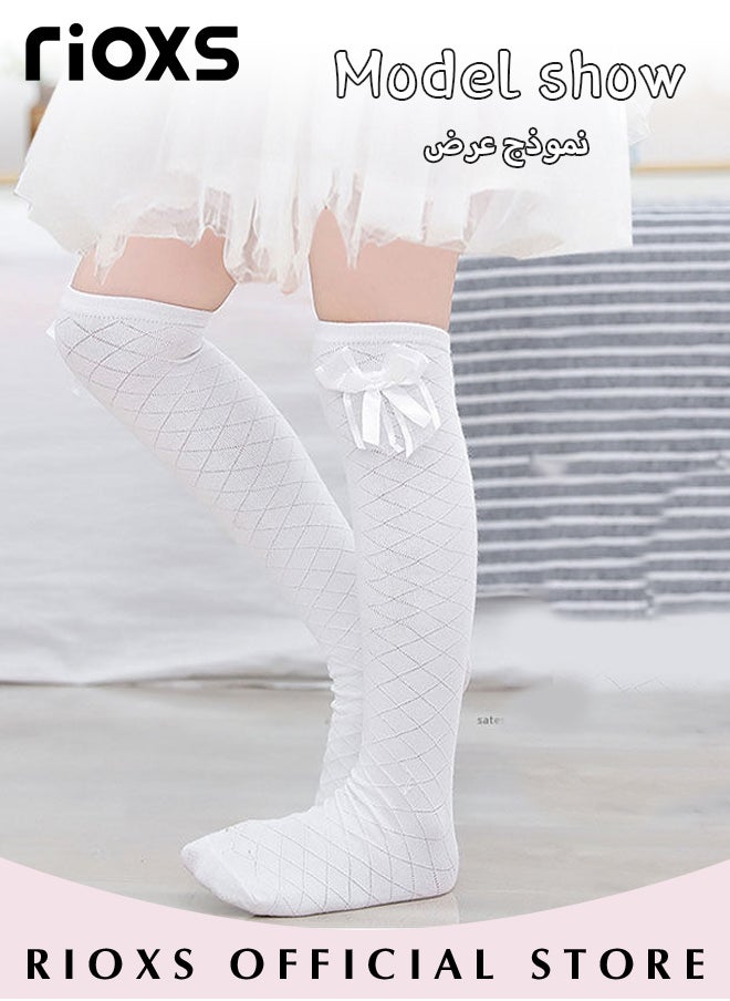 RIOXS - Little Girls' Cute Checkered Bowknot Cotton Knee High Socks Knee High Princesses Stockings - Image 1