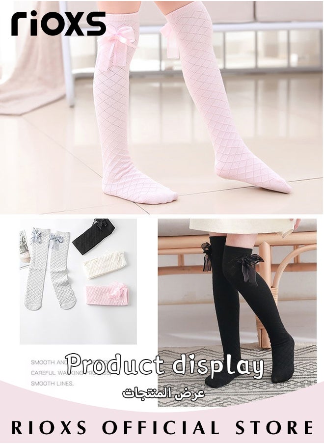 RIOXS - Little Girls' Cute Checkered Bowknot Cotton Knee High Socks Knee High Princesses Stockings - Image 1