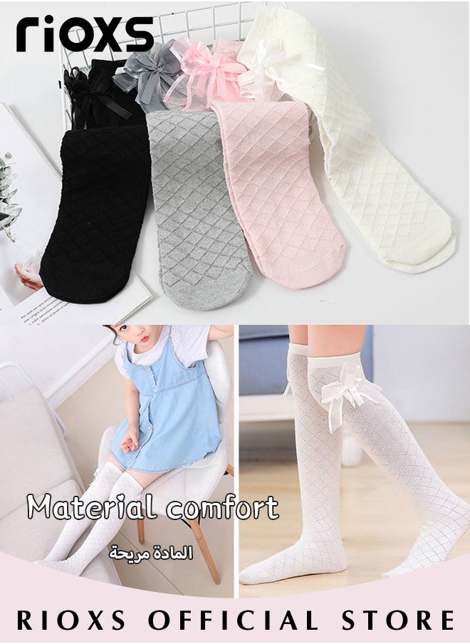 RIOXS - Little Girls' Cute Checkered Bowknot Cotton Knee High Socks Knee High Princesses Stockings - Image 1