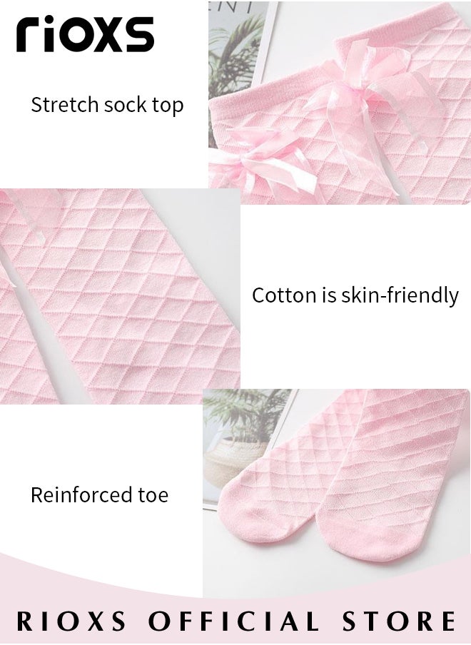 RIOXS - Little Girls' Cute Checkered Bowknot Cotton Knee High Socks Knee High Princesses Stockings - Image 1