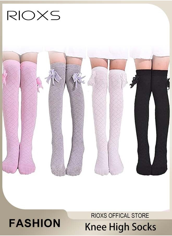 RIOXS - Little Girls' Cute Checkered Bowknot Cotton Knee High Socks Knee High Princesses Stockings - Image 1