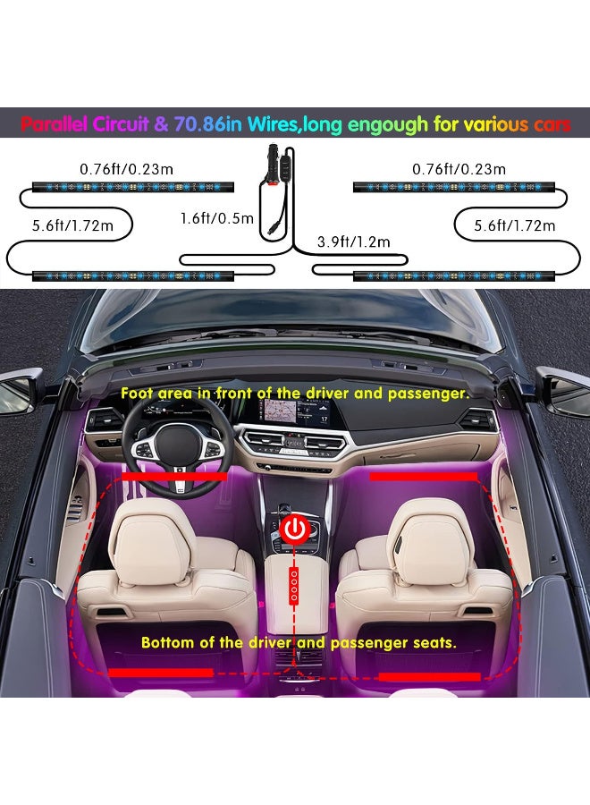 RGB Car Interior LED Lights | App-Controlled, Music Sync, 12V Charger with Footwell Lighting for Car Decoration