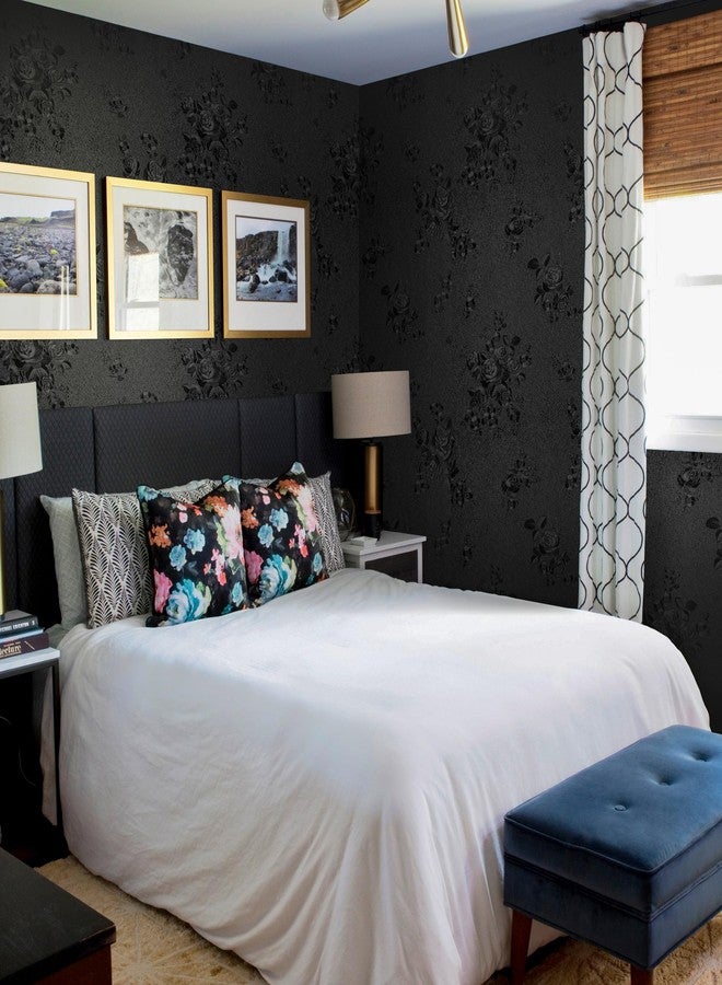 Erfoni Black Wallpaper Peel and Stick Wallpaper Black Floral Embossed Contact Paper 17.7inch X 78.7inch Removable Textured Flower Wallpaper Self Adhesive Thicken Countertops Cabinets Contact Paper - Image 4