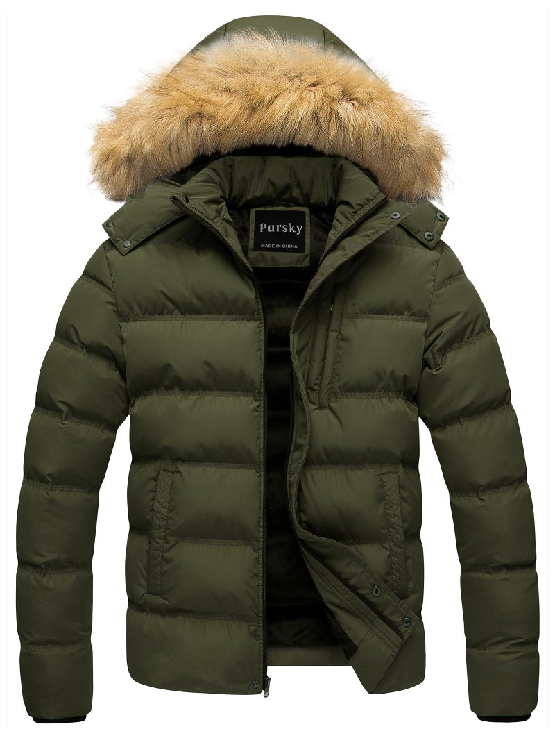 Pursky Mens Winter Coat Hooded Puffer Jacket Hooded Winter Down Alternative Parka Heavy Puffer Jacket Army Green M - Image 1