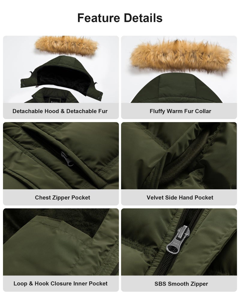 Pursky Mens Winter Coat Hooded Puffer Jacket Hooded Winter Down Alternative Parka Heavy Puffer Jacket Army Green M - Image 5