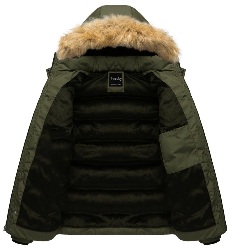 Pursky Mens Winter Coat Hooded Puffer Jacket Hooded Winter Down Alternative Parka Heavy Puffer Jacket Army Green M - Image 3
