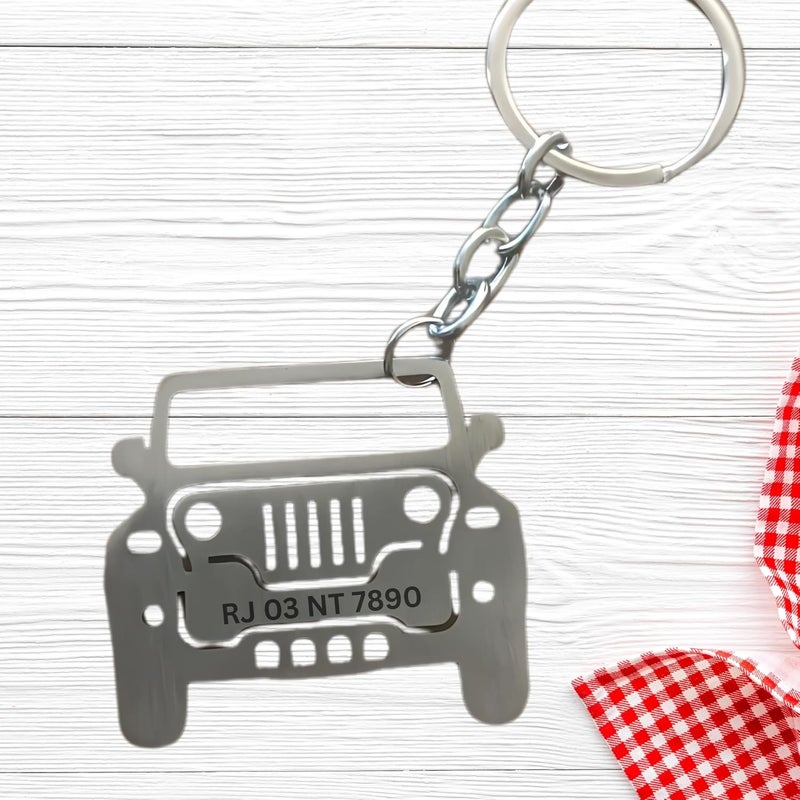 Custom Personalized Car Shape Keychain, Stainless Steel, Number Plate Engraving, Matt Black, Double-Sided - Image 2