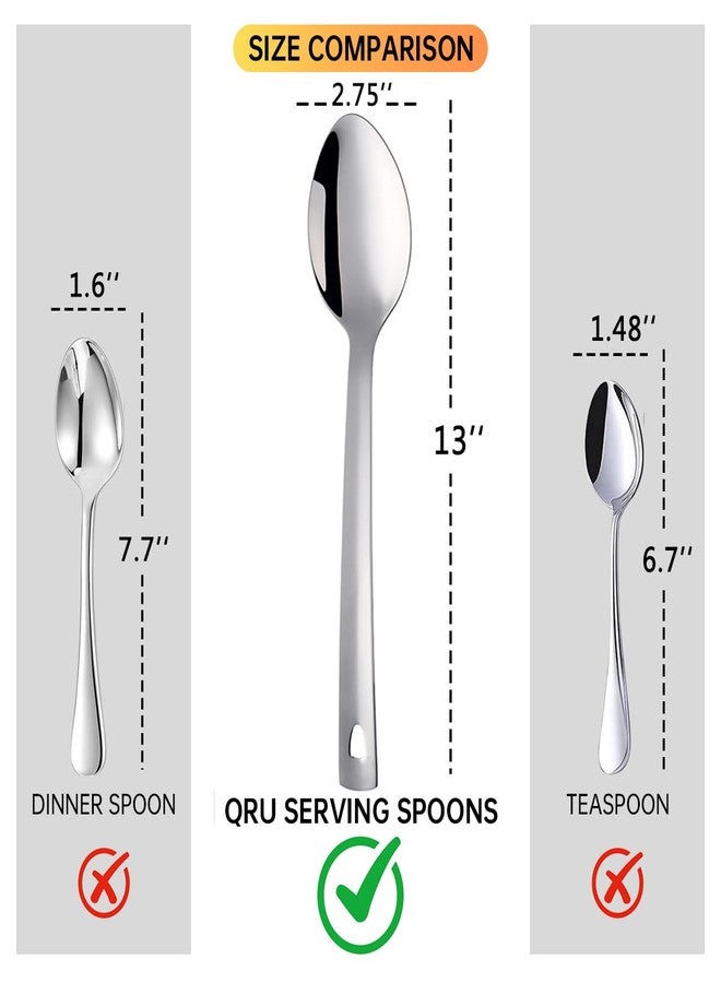 QRU 13-Inch Large Stainless Steel Serving Spoons Set, Long Handle Buffet Utensils, Dishwasher Safe (Silver, 8 piece) - Image 3