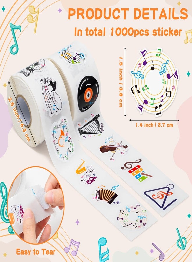 OSNIE OSINE Music Vinyl Roll Sticker - 1000Pcs with 16 Cute Patterns Musical Note Guitar Motivational Self-Adhesive Decals for Teacher Reward Party Favor Windows Water Bottle Scrapbooking Journaling Laptop - Image 2