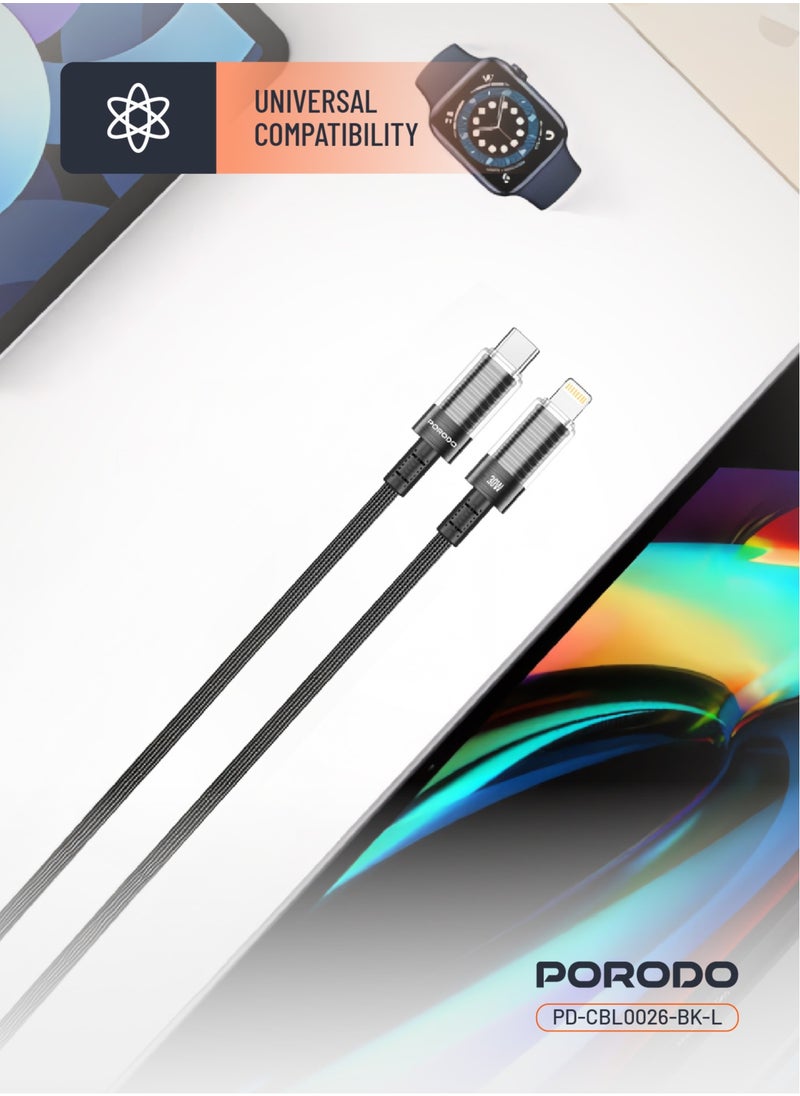 USB-C To Lightning Cable with Transparent Shell PD 30W / Universal Compatibility / Safe & Reliable / Tangle Free Cord / Braided Wire /  Data & Fast Charge Cable - Black