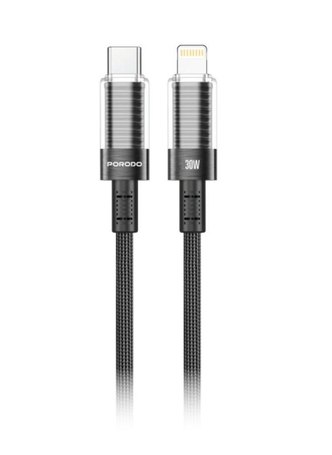 porodo USB-C To Lightning Cable with Transparent Shell PD 30W / Universal Compatibility / Safe & Reliable / Tangle Free Cord / Braided Wire /  Data & Fast Charge Cable - Black  - Image 1