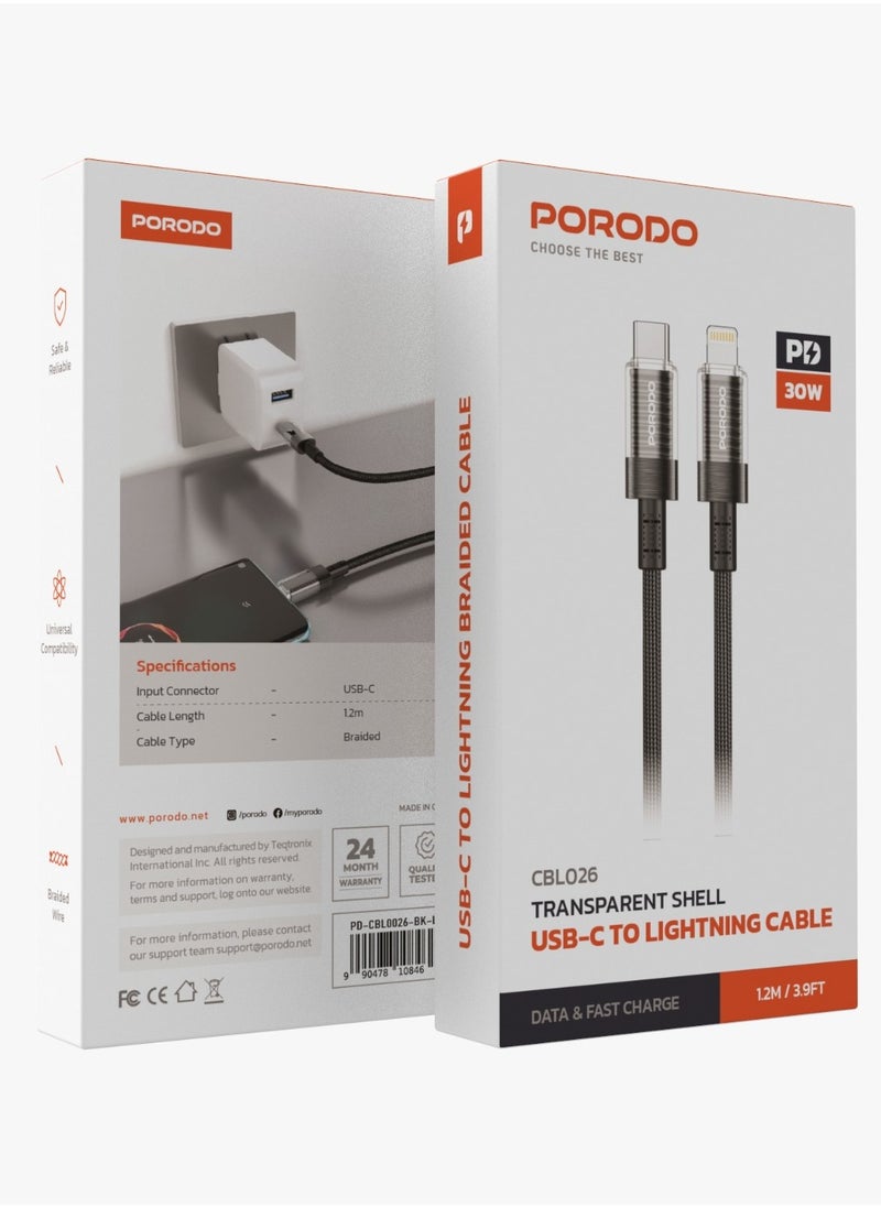 porodo USB-C To Lightning Cable with Transparent Shell PD 30W / Universal Compatibility / Safe & Reliable / Tangle Free Cord / Braided Wire /  Data & Fast Charge Cable - Black  - Image 3