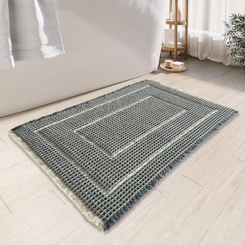 BULULOM Bathroom Floor Mat,Boho Bathoom Mat,Super Absorbent Bath Rug,Bathroom Rugs Non Slip Washable, Quick Dry Shower Mats, Ultra Soft Bath Mat Towel,Bluish Grey & Yellow,17"*24" - Image 1