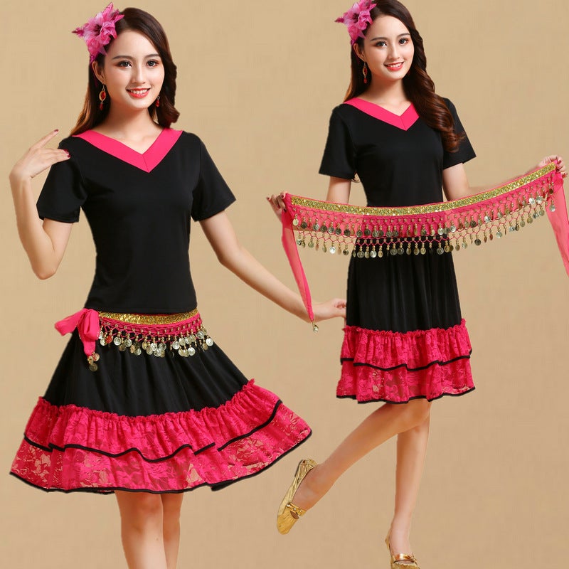 Square Dance Costume New Yangko Dance Costume Folk Dance Costume V-Neck Long Sleeve Short Sleeve Top Skirt Suit - Image 4