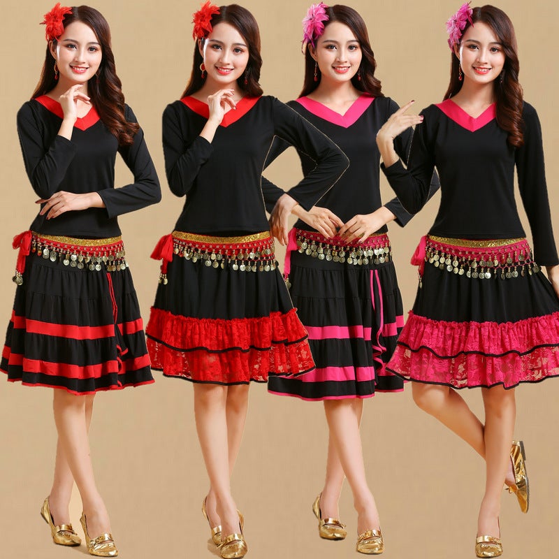 Square Dance Costume New Yangko Dance Costume Folk Dance Costume V-Neck Long Sleeve Short Sleeve Top Skirt Suit - Image 3