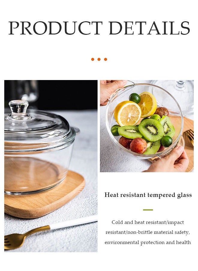 DUNISO - Clear Glass Bowl with Lid 1000mL Heat-resistant Thick Borosilicate Glass Pot with lid Microwave Cookware with Cover & Handle - Safe for Pasta Noodle, Soup, Milk - Image 1