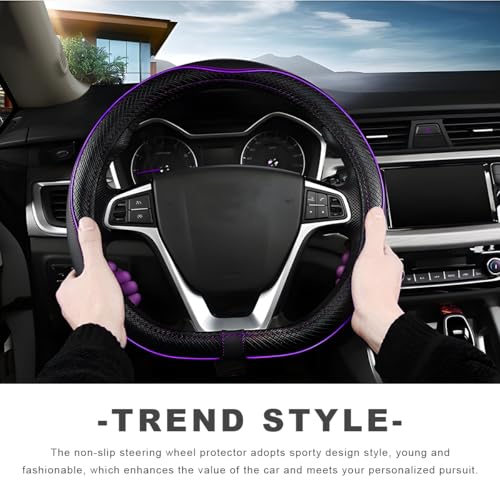ZNDAW Car Steering Wheel Cover, 15 Inch Anti-Slip Breathable Leather Auto Steering Wheel Protector, Full Surround Soft Steering Wheel Cover for Men Women, Car Interior Accessories (Black & Purple) - Image 5
