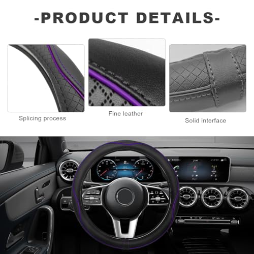 ZNDAW Car Steering Wheel Cover, 15 Inch Anti-Slip Breathable Leather Auto Steering Wheel Protector, Full Surround Soft Steering Wheel Cover for Men Women, Car Interior Accessories (Black & Purple) - Image 4
