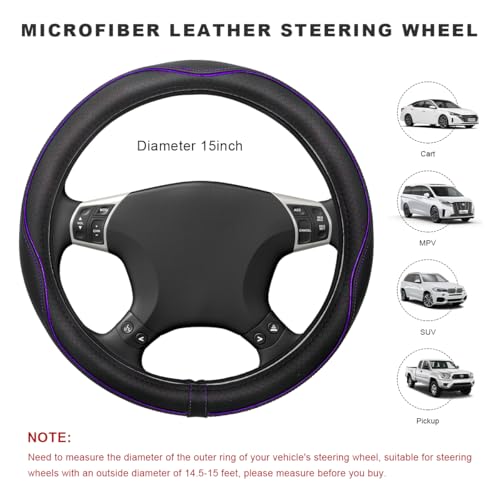 ZNDAW Car Steering Wheel Cover, 15 Inch Anti-Slip Breathable Leather Auto Steering Wheel Protector, Full Surround Soft Steering Wheel Cover for Men Women, Car Interior Accessories (Black & Purple) - Image 2