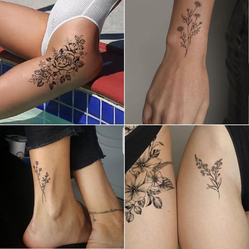 CHARLENT 23 Sheets Flower Temporary Tattoos For Women - Waterproof Realistic Rose Orchid Tattoos Tiny Branch Sketch Fake Tattoos for Women Body Art Arm Neck Hands - Image 5
