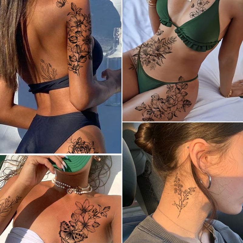 CHARLENT 23 Sheets Flower Temporary Tattoos For Women - Waterproof Realistic Rose Orchid Tattoos Tiny Branch Sketch Fake Tattoos for Women Body Art Arm Neck Hands - Image 2