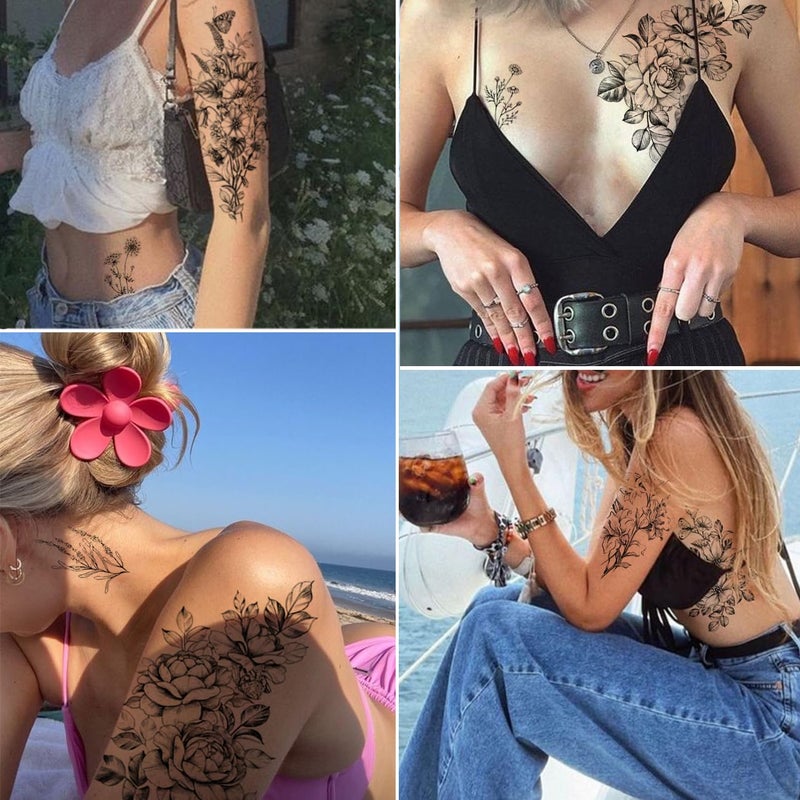 CHARLENT 23 Sheets Flower Temporary Tattoos For Women - Waterproof Realistic Rose Orchid Tattoos Tiny Branch Sketch Fake Tattoos for Women Body Art Arm Neck Hands - Image 3