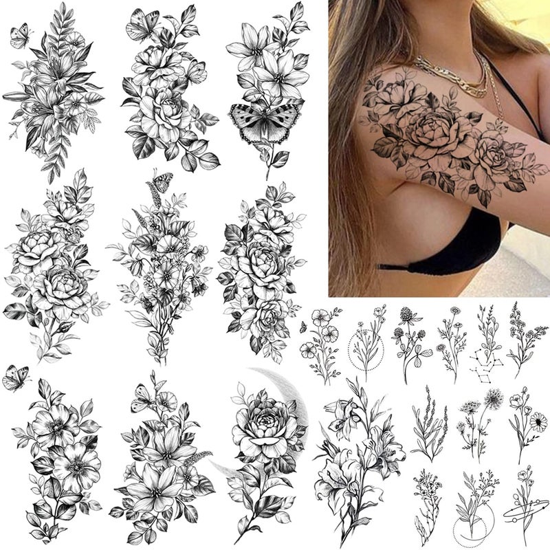 CHARLENT 23 Sheets Flower Temporary Tattoos For Women - Waterproof Realistic Rose Orchid Tattoos Tiny Branch Sketch Fake Tattoos for Women Body Art Arm Neck Hands - Image 1
