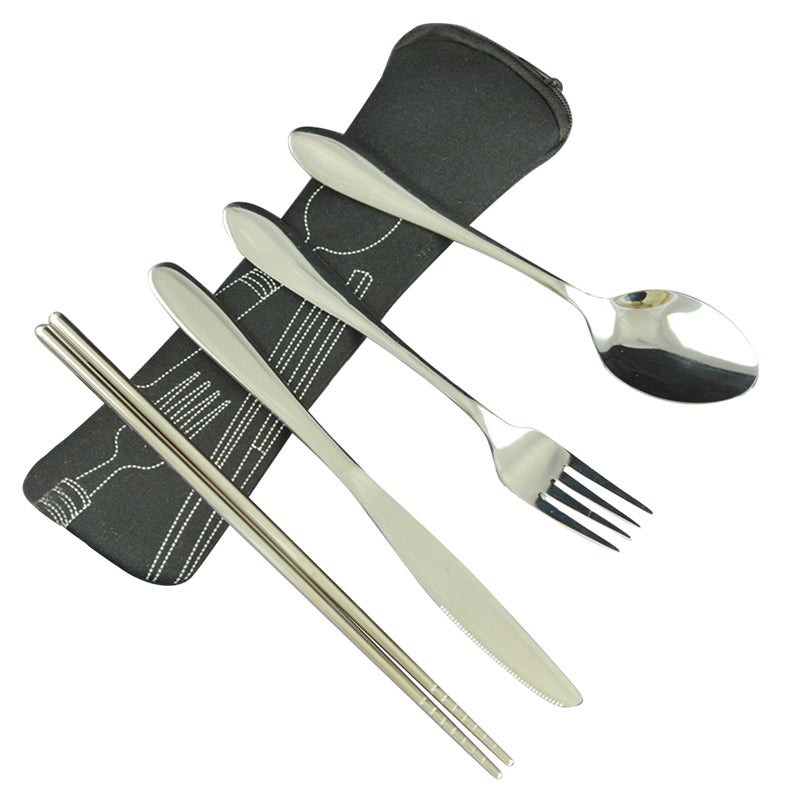 2 Sets of Stainless Steel Tableware Set Portable Lightweight Camping Set with Chopsticks Fork Spoon for Home(Black Four-piece Set) - Image 2