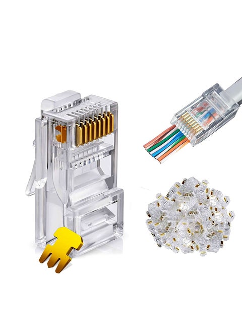 SYOSI 100Pcs RJ45 Connectors Cat6 Pass Through Ends Transparent and Penetrable Connectors UTP 8P8C Network Plug Gold-Plated Contacts for Widely Used in Local Area Network and ADSL Broadband