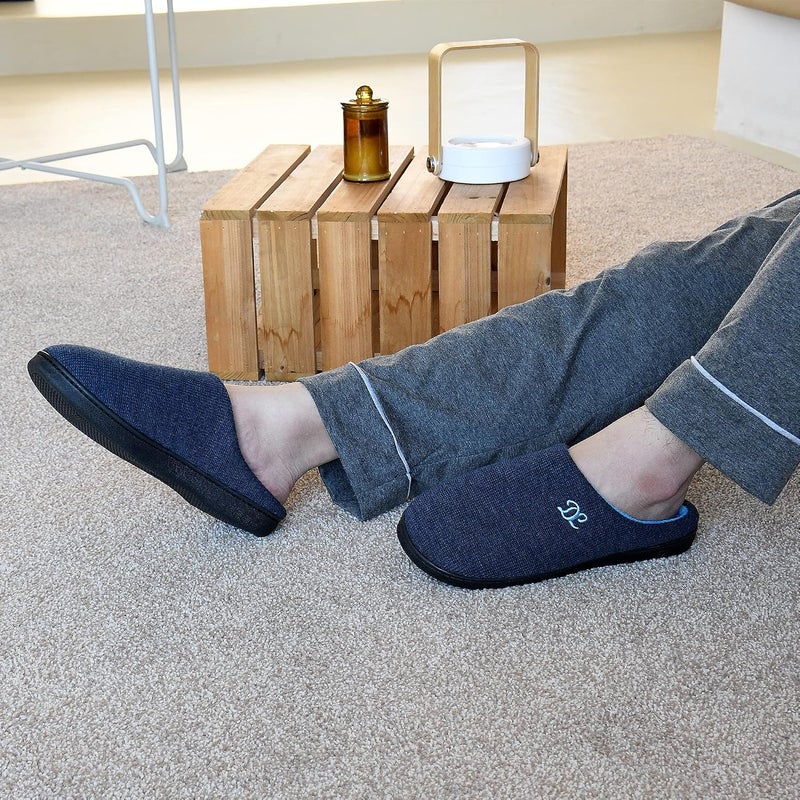 DL Men's Memory Foam Slippers - Cozy Slip-On House Slippers with Flannel Lining, Size 11-12, Blue - Image 2