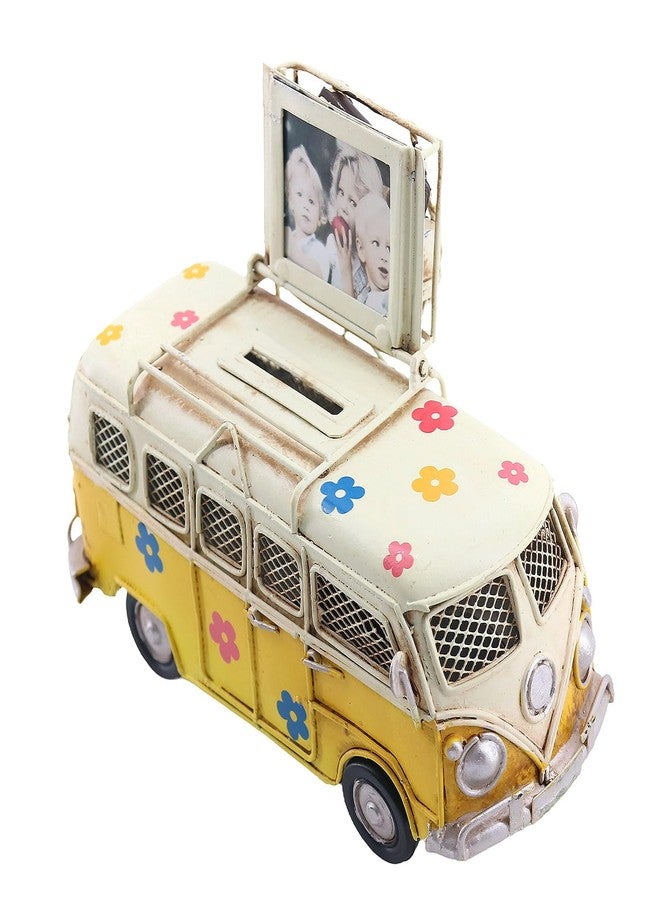 NAUTIMALL Vintage-Style Miniature Hippie Camper Van Model Tropical Theme Flower Decals 6.5inches Beach Bus Home Decor Gift for Boys Kids Hippie Van Ornament (Yellow (Money Bank)) - Image 1