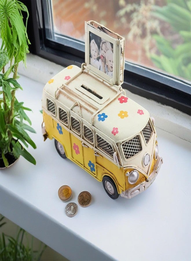 NAUTIMALL Vintage-Style Miniature Hippie Camper Van Model Tropical Theme Flower Decals 6.5inches Beach Bus Home Decor Gift for Boys Kids Hippie Van Ornament (Yellow (Money Bank)) - Image 4