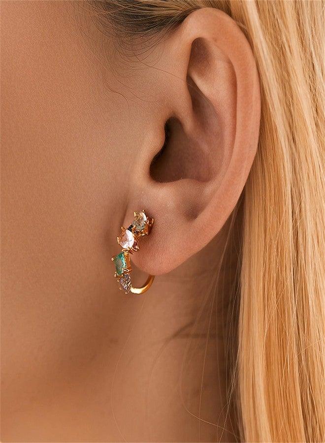 RLHRNDE Trendy CZ Gold Hoop Earrings for Women Rainbow 14K Gold Plated Huggie Earrings Dainty Multicolored Cubic Zirconia Jewelry Gifts for Christams Party Birthday (Polygon) - Image 2