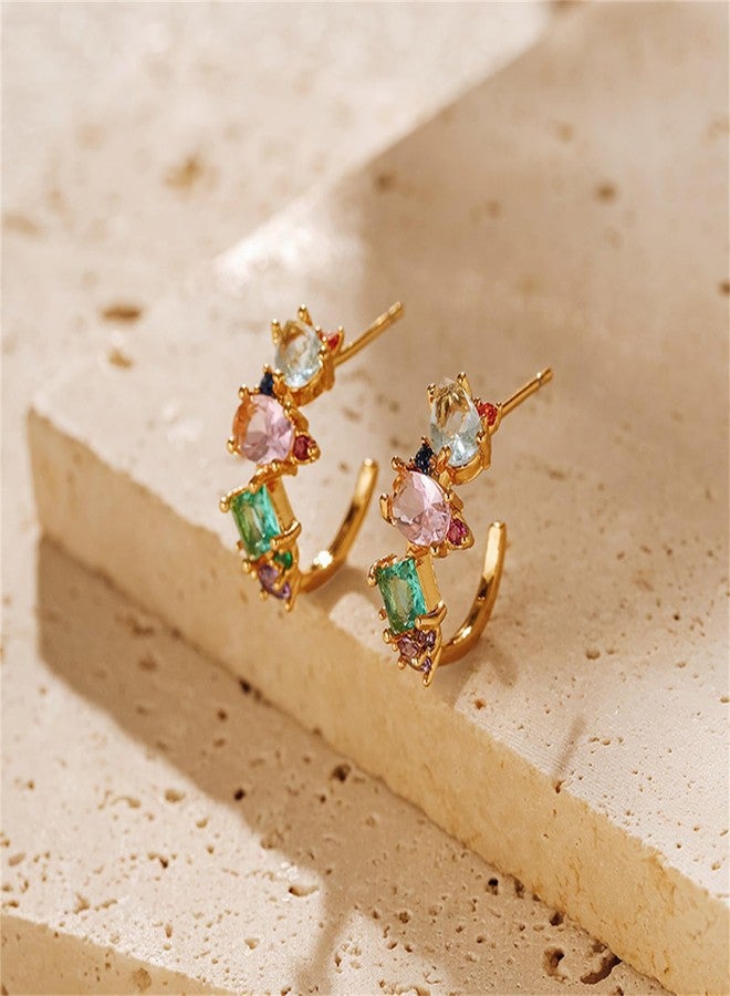 RLHRNDE Trendy CZ Gold Hoop Earrings for Women Rainbow 14K Gold Plated Huggie Earrings Dainty Multicolored Cubic Zirconia Jewelry Gifts for Christams Party Birthday (Polygon) - Image 5