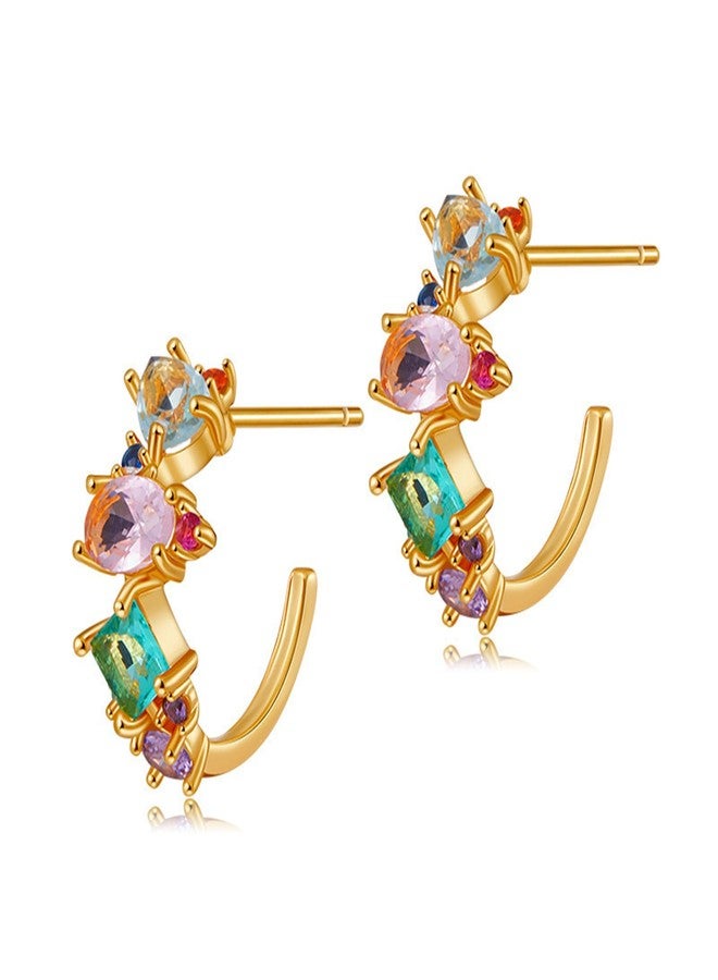 RLHRNDE Trendy CZ Gold Hoop Earrings for Women Rainbow 14K Gold Plated Huggie Earrings Dainty Multicolored Cubic Zirconia Jewelry Gifts for Christams Party Birthday (Polygon) - Image 1