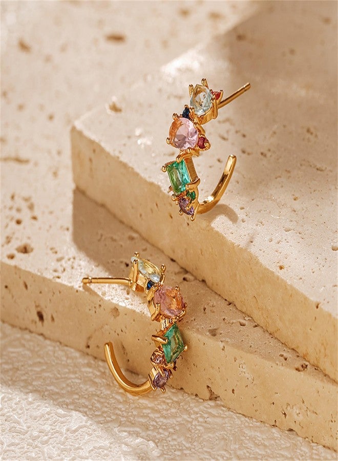 RLHRNDE Trendy CZ Gold Hoop Earrings for Women Rainbow 14K Gold Plated Huggie Earrings Dainty Multicolored Cubic Zirconia Jewelry Gifts for Christams Party Birthday (Polygon) - Image 4