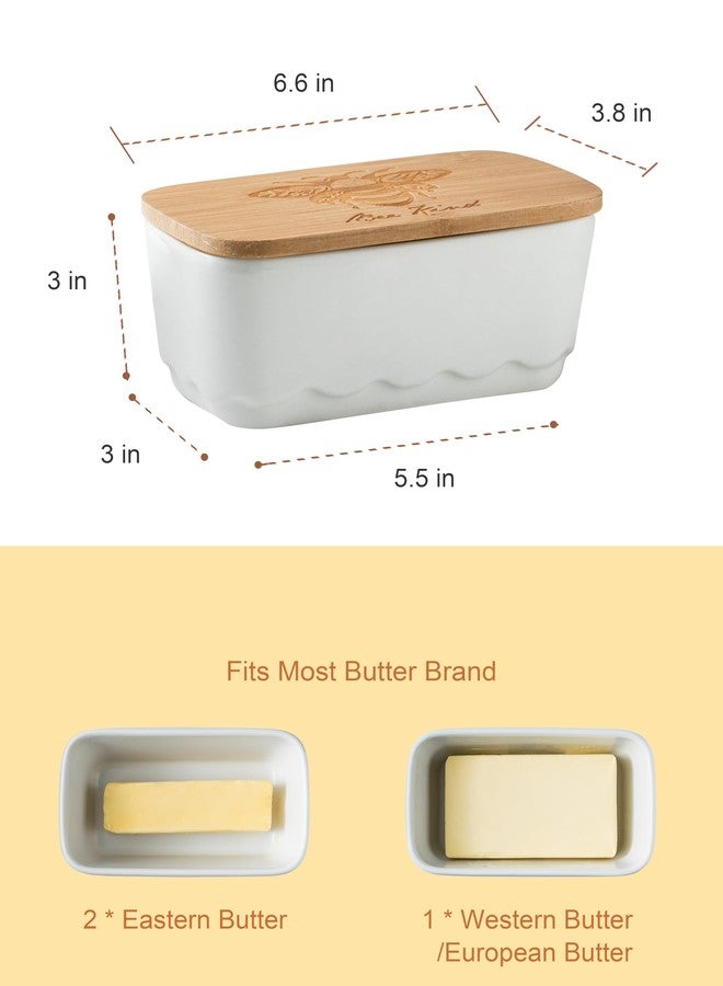 YHOJOY Covered Butter Dish for Countertop, Ceramic Butter Dish with Wooden Lid Airtight Butter Holder Container, Vintage HoneyBee Kitchen Decor, White - Image 2