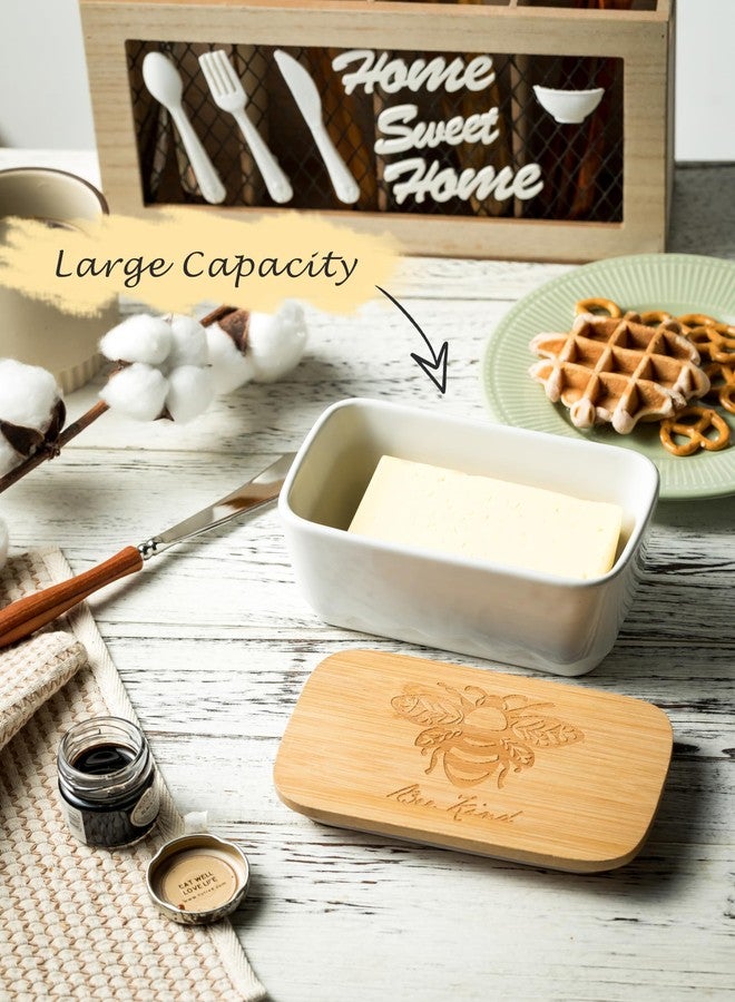 YHOJOY Covered Butter Dish for Countertop, Ceramic Butter Dish with Wooden Lid Airtight Butter Holder Container, Vintage HoneyBee Kitchen Decor, White - Image 5