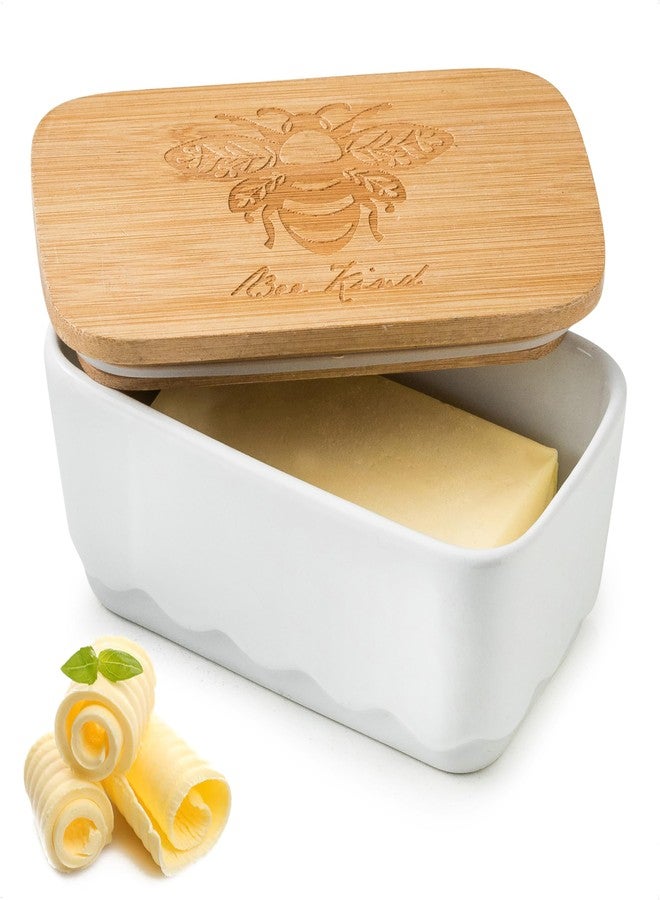 YHOJOY Covered Butter Dish for Countertop, Ceramic Butter Dish with Wooden Lid Airtight Butter Holder Container, Vintage HoneyBee Kitchen Decor, White - Image 1