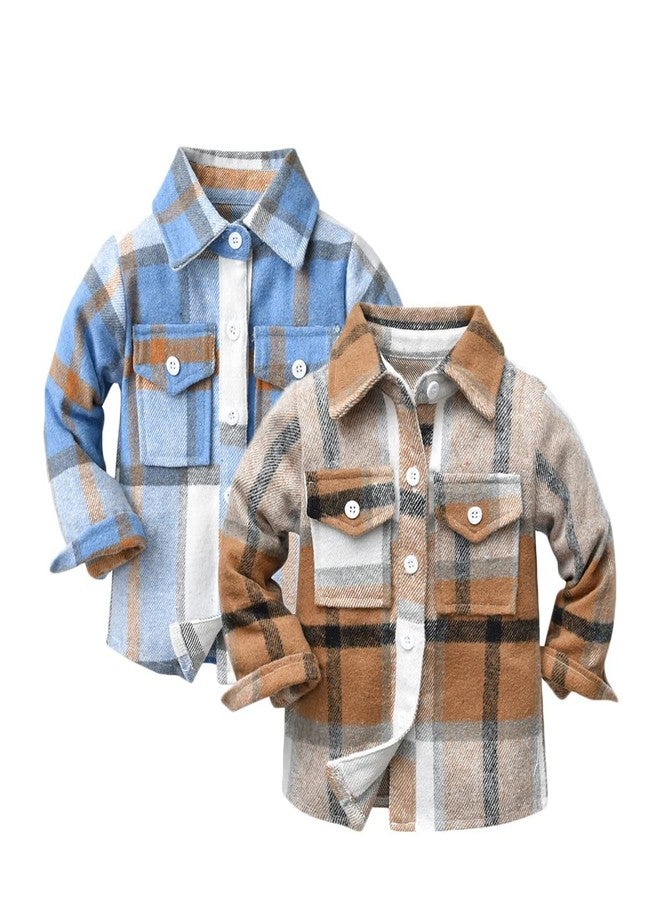 Feidoog Toddler 2 Pack Baby Boys and Girls Plaid Shirts Jacket Long Sleeve Lapel Button Down Shirt Top Outwear Clothes,Blue+Brown,3-4T - Image 1