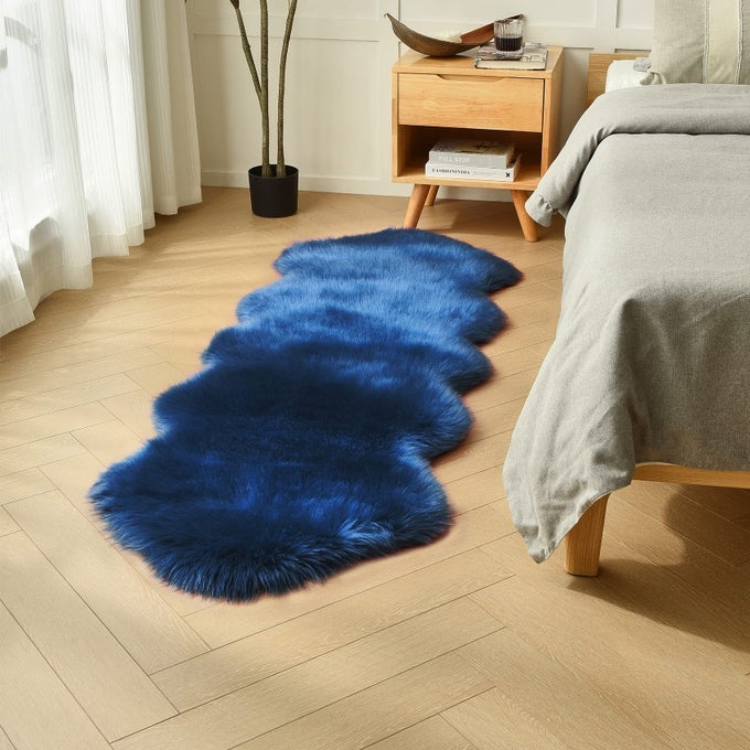 NAVY BLUE SHEEPSKIN RUNNER RUGS 2X6 FT FLUFFY SHAG FAUX FUR COUCH SOFA COVERS DRESSER RUNNER WASHABLE